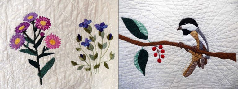 Quilt Detail - Flowers (left) and Chickadee