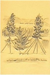 Acme Beer advertisement on mountainside facing the camp
