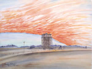 Redwood Water Towers At Sunset. Topaz Utah. March 1943. Chiura Obata, Watercolor on paper, Topaz Moon p.128