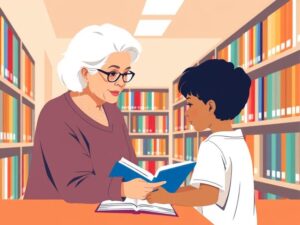 senior woman showing a book to a child in a library